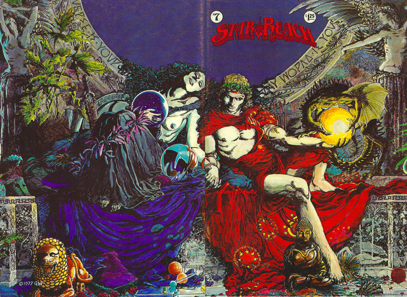 A wraparound Barry Windsor Smith cover. On the front cover a man in a white toga and cloak, chest bare, wears a laurel wreath and holds a glowing orb in his left hand. His right hand is holding the left hand of the woman on the back cover, clad in a purple toga, chest also bare